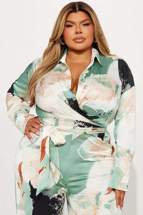 Take Me Away SatinJumpsuit - Green/combo