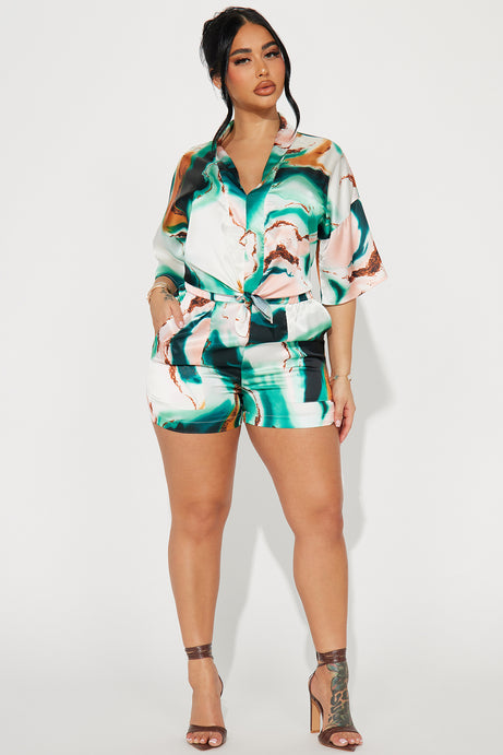 Janice Satin Short Set - Green/combo