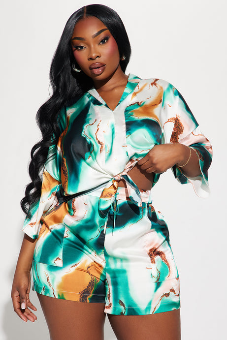 Janice Satin Short Set - Green/combo