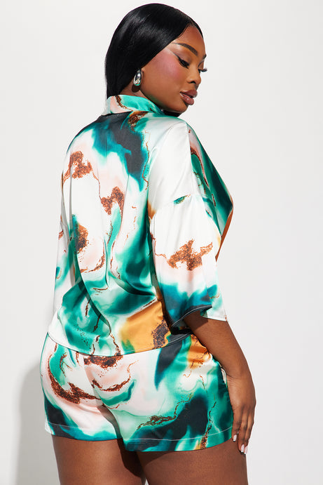 Janice Satin Short Set - Green/combo