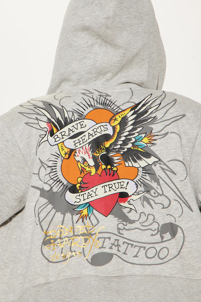 Ed Hardy Rose And Sword Zip Front Hoodie - Heather Grey