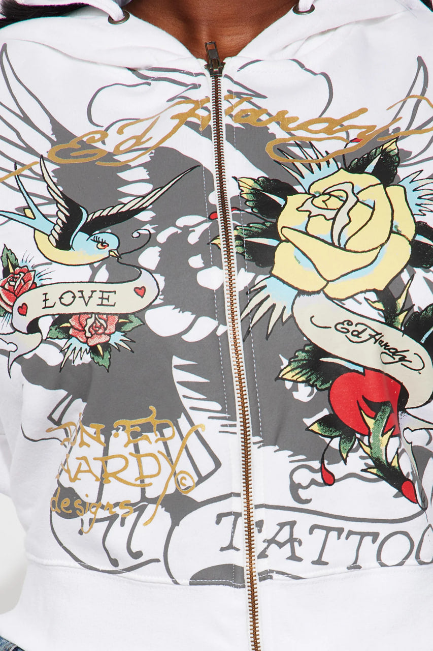 Ed Hardy Brave Eagle Zip Front Hoodie - White