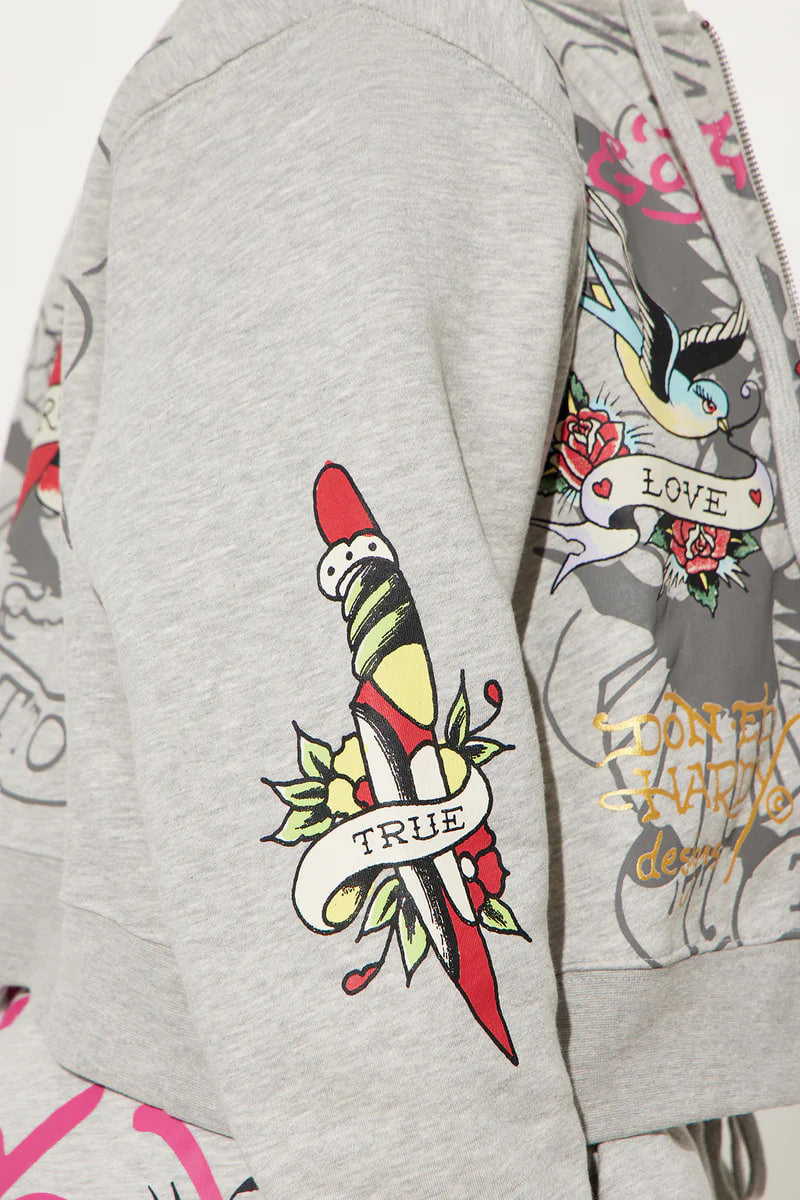 Ed Hardy Rose And Sword Zip Front Hoodie - Heather Grey