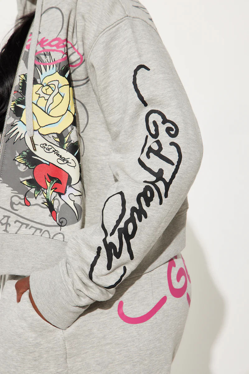 Ed Hardy Rose And Sword Zip Front Hoodie - Heather Grey