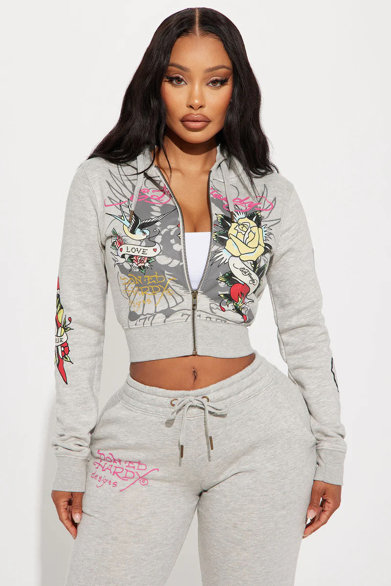 Ed Hardy Rose And Sword Zip Front Hoodie - Heather Grey