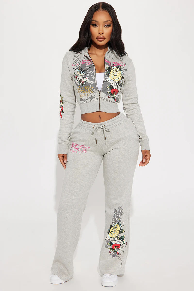 Ed Hardy Rose And Sword Zip Front Hoodie - Heather Grey