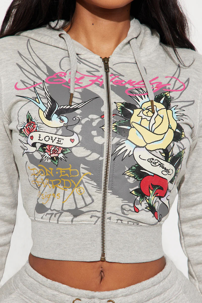 Ed Hardy Rose And Sword Zip Front Hoodie - Heather Grey