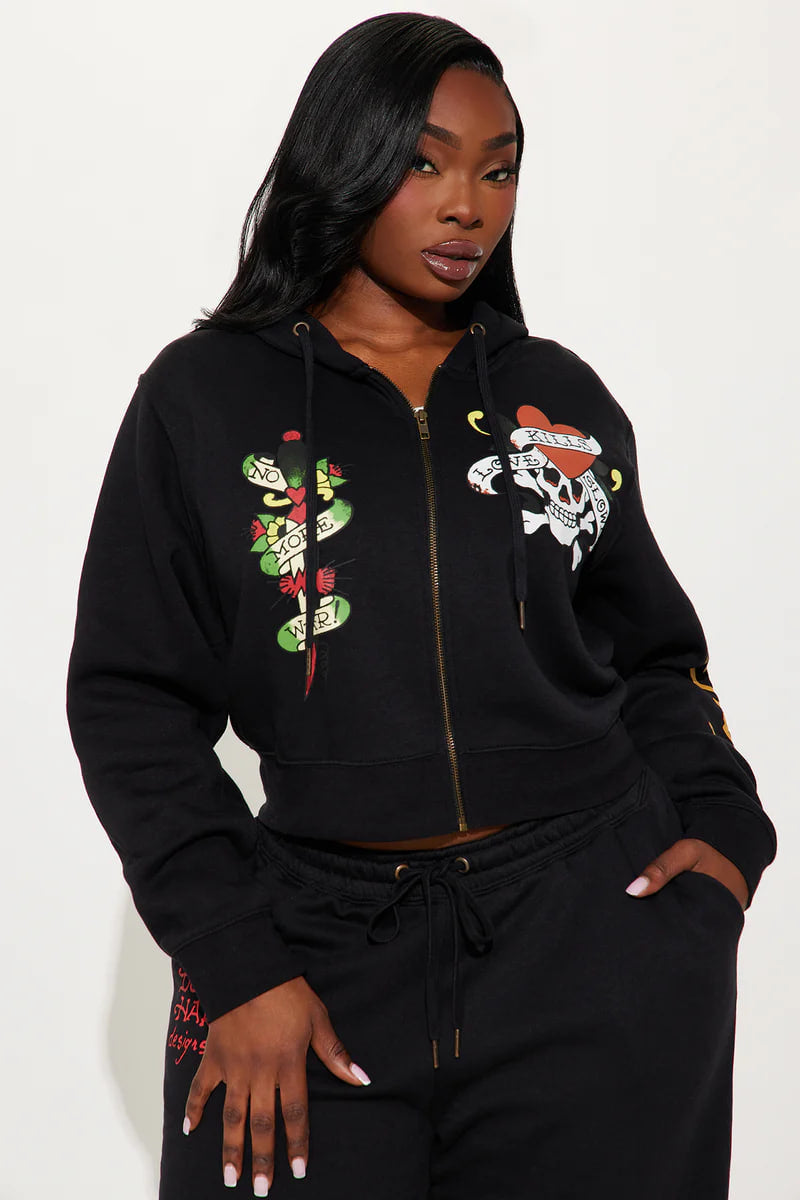 Love Kills Ed Hardy Zip Front Hoodie - Black