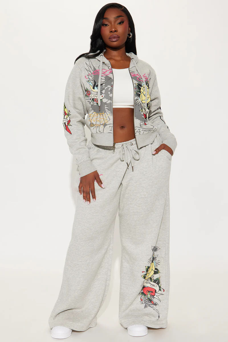 Ed Hardy Rose And Sword Zip Front Hoodie - Heather Grey