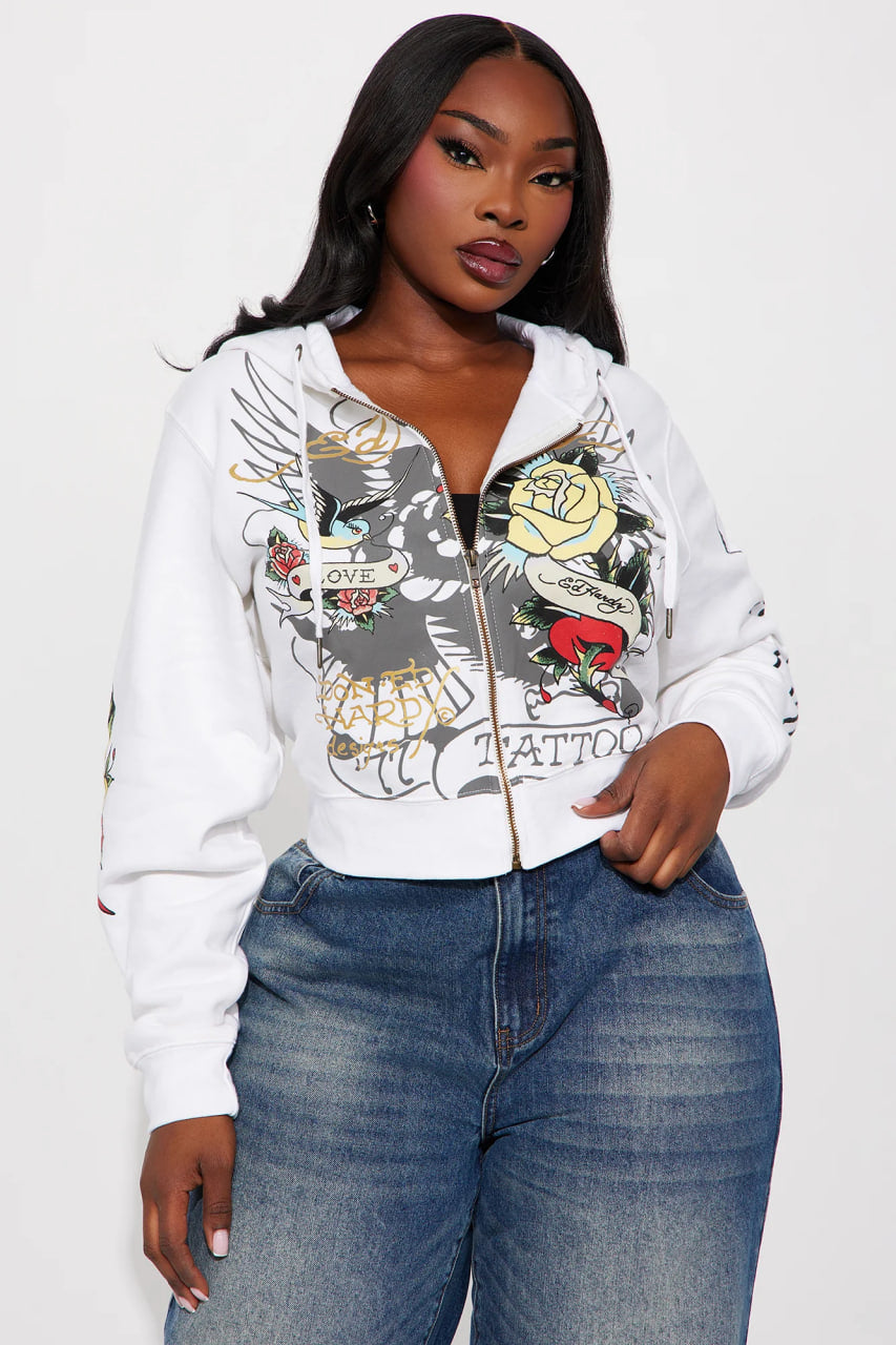 Ed Hardy Brave Eagle Zip Front Hoodie - White
