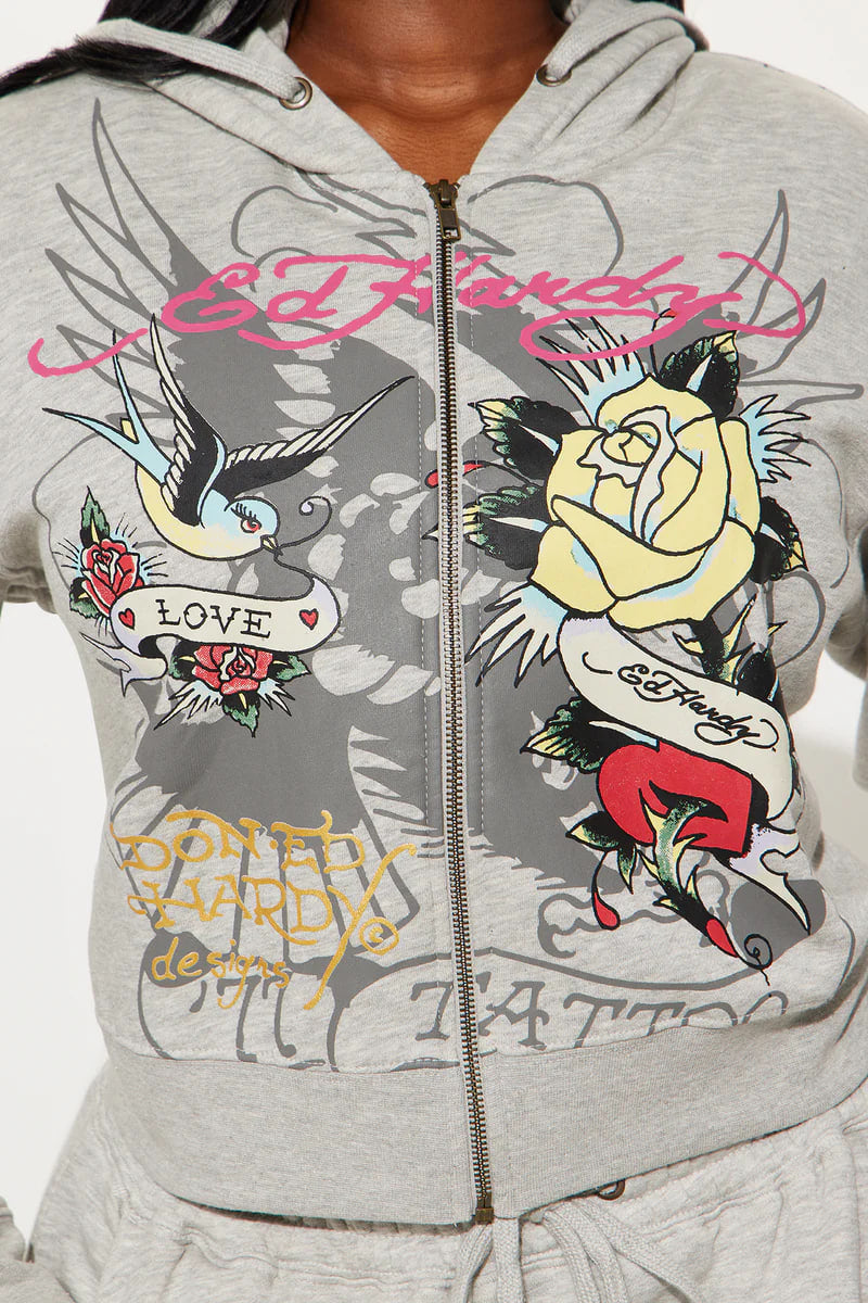 Ed Hardy Rose And Sword Zip Front Hoodie - Heather Grey